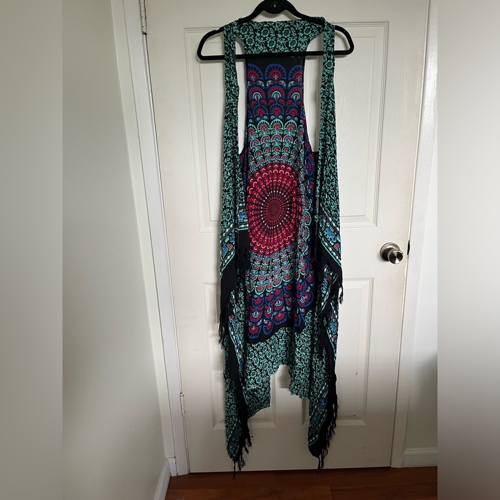 Boho Hippie Tapestry Fringe Tiered Sleeveless Open Cardigan Cape OS
